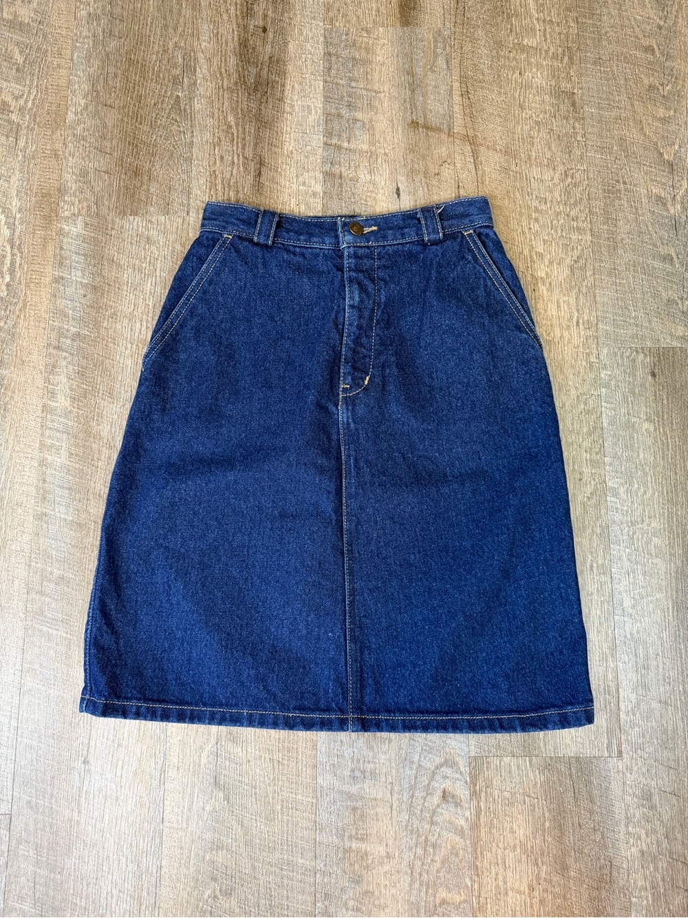 Vintage Calvin Klein Denim Midi Skirt Size 7 Dark Wash High Waist USA Made 80s